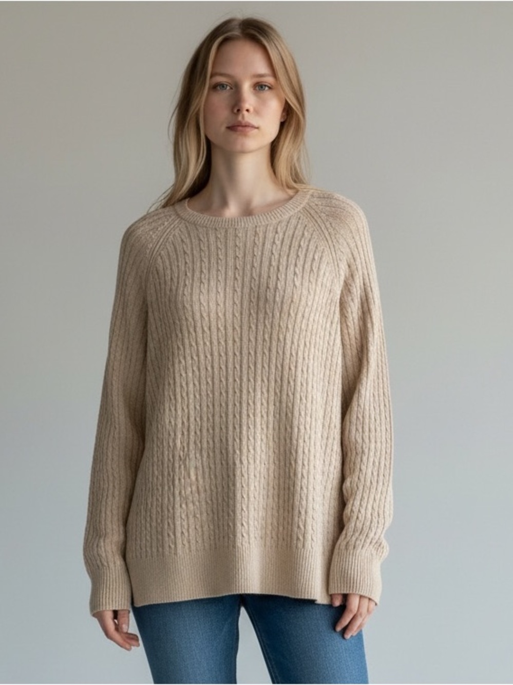JEANNE PIERRE Beige Cable-Knit Crewneck Sweater